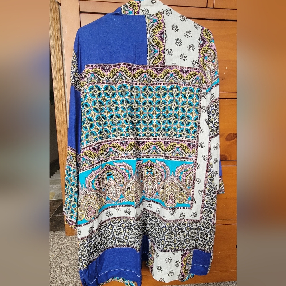 Chico's Linen Open Cardigan XL/16 3 Boho Patchwork Blue Green - Picture 4 of 5